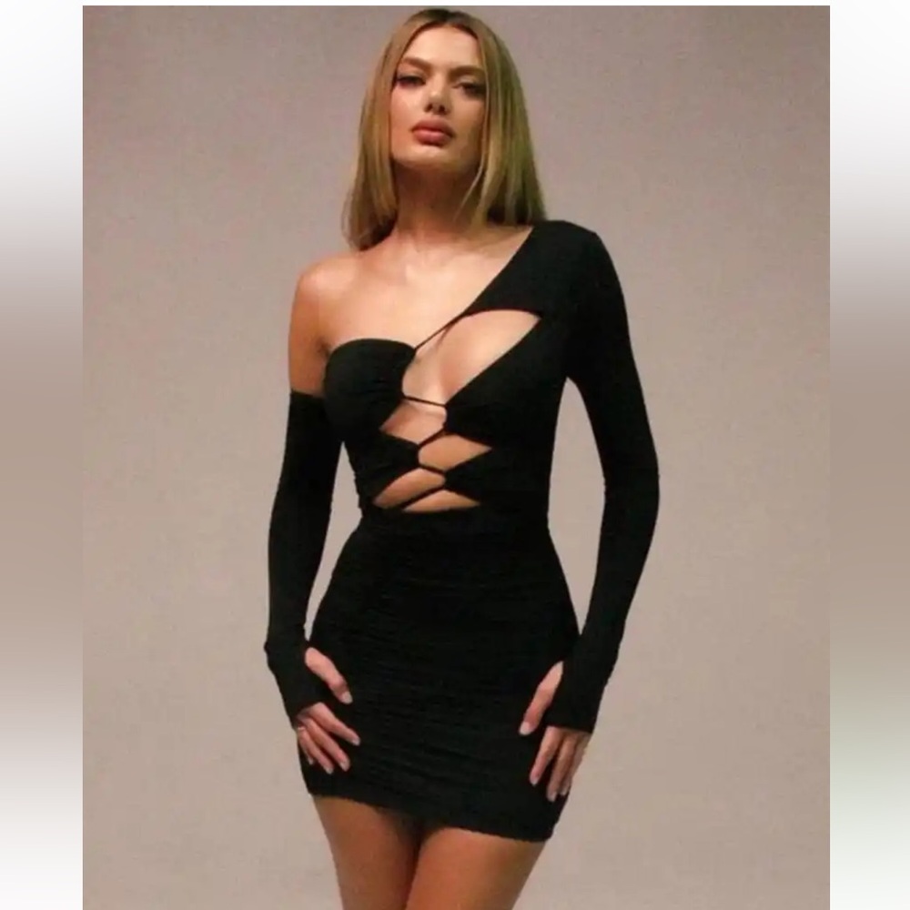 Women’s Elegant Asymmetric Black Long Sleeve Club Dress One Shoulder Out Size S